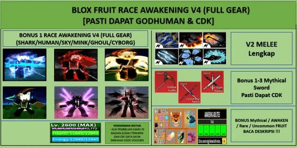 Blox Fruit Account Level Max Bonus Race Awakening V4 T1 (Godhuman)