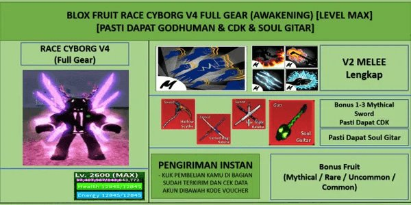 [Blox Fruit] Race Cyborg V4 Full Gear (Awakening) Account (Godhuman + Cdk) [Level Max]