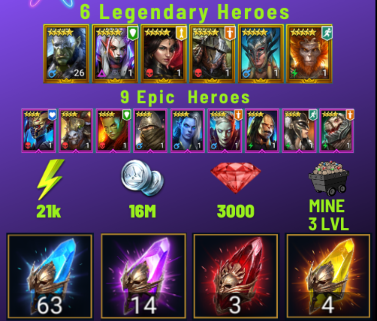 Starter: 63 Ancient, 14 Void, 3 Primal, 4 Sacred Shards | 6 Legendary ( Visix , Scyl , Artak, Wukong, Rathalos, Adelyn ) | Mine max